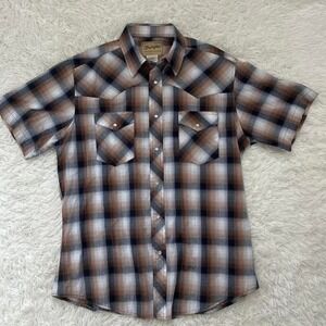 Vintage 90s 80s Western Pearl Snap Wrangler brown plaid short sleeve button up